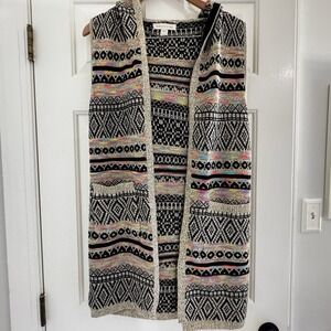 Monteau Los Angeles Knit Open Front Hooded Duster Knee-Length Cardigan Large